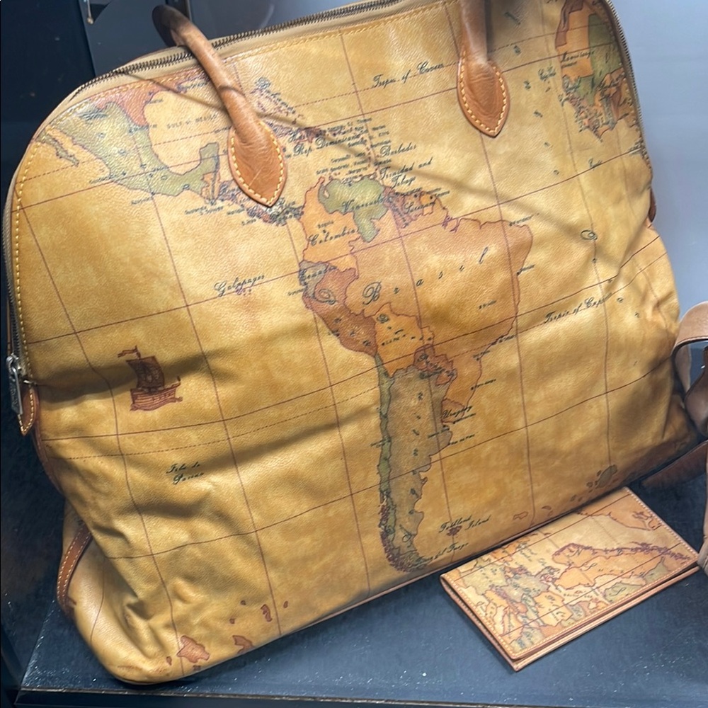 Alviero Martini Tan and Brown Luggage Travel Bag and wallet /World Map Design